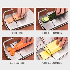 Stainless steel cheese slicer with scale showing cutting effects for ham and butter