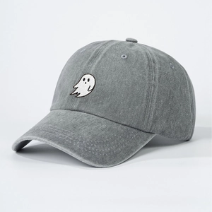 Vintage dark gray washed denim baseball cap with ghost embroidery and curved brim