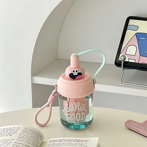 Portable pink cartoon plastic water bottle with tea infuser and straw for students