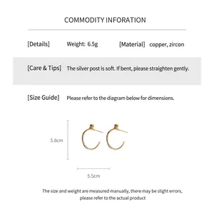 Dimensions détaillées des boucles d'oreilles en C dorées avec zircon et tiges en argent