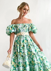 Detail of off-shoulder puff sleeve dress with green yellow abstract print and woven belt