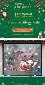 Detailed Christmas window decals showing Santa's reindeer sleigh and snowflake designs