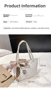 White PU leather tote bag with quilted pattern and colorful silk scarf detail and dimensions