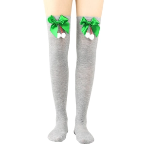 Detail of grey over-knee knit socks with green satin bow and white plush pom-pom decor