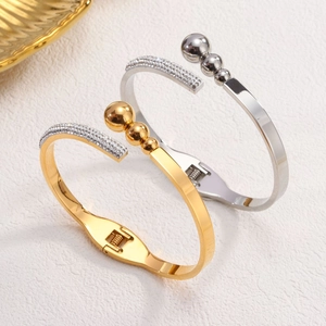 Fashion Stainless Steel Open Bangle With Rhinestone And Metal Beads Elegant Hinged Bracelet For Women Commuter Jewelry