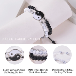 Handmade Tai Chi bracelets with white turquoise and matte black beads on adjustable rope