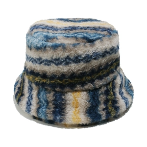 Winter fluffy faux fur bucket hat with blue and yellow gradient stripes for women