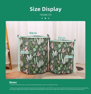 Size details of cylindrical fabric storage baskets with leaf patterns and twin handles