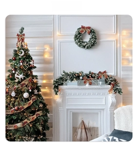 Cozy home interior featuring a decorated Christmas tree with red ribbons and festive wreaths
