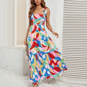 Abstract Print Spaghetti Strap Maxi Dress Tie Shoulder Tiered Ruffle Smocked Bodice Boho Summer Vacation For Women