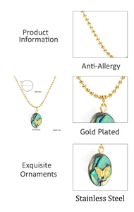 Macro detail of abalone shell butterfly pendant with gold-plated stainless steel ball chain