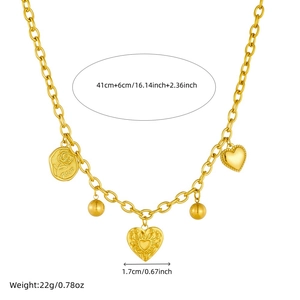 Gold stainless steel sun heart pendant necklace with Rose engraving and size details