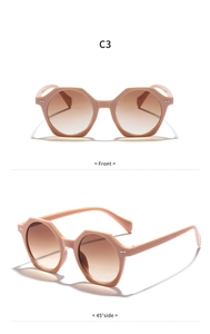 Detailed front and 45-degree side views of pink geometric sunglasses with brown gradient lenses