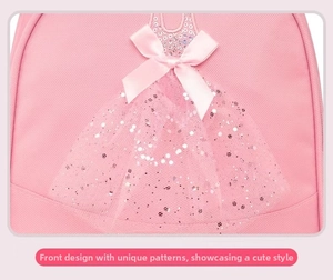 Close-up of pink ballet backpack featuring sequin tutu dress detail and mesh skirt decoration