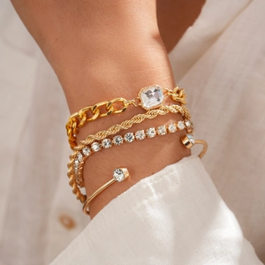 Goldton Legierung Strass Armband Layering Gedrehtes Seil Kubanische Kette Quadratischer Stein Tennis Armreif Modeschmuck Damen