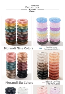 Close-up of spiral telephone wire hair ties in various Morandi and transparent colors