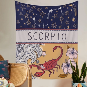 Detail of Scorpio zodiac tapestry with starry sky pattern and scorpion graphic in room decor