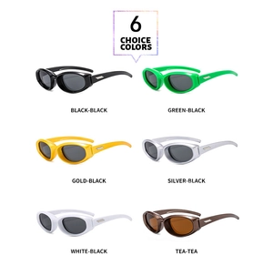 Detail view of oval Y2K sunglasses in six colors with metallic temple accents