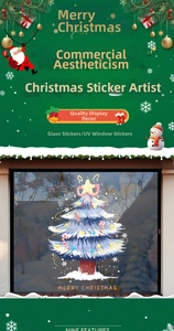 Detail of Christmas tree window sticker with snow effects and festive UV printed patterns