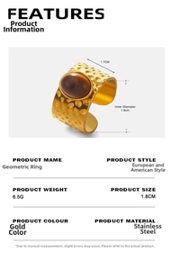 Detail card of a gold stainless steel ring featuring 1.7cm width and 1.8cm diameter specs