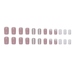 24pcs square press-on nails featuring pink glitter, silver sparkle, and ombre white designs