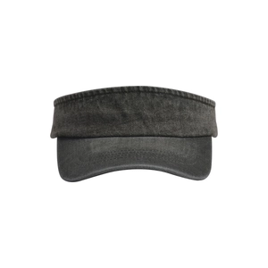 Macro detail of dark grey washed denim fabric and stitching on a summer sun visor cap