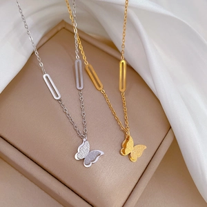 Minimalist titanium steel butterfly pendant necklaces in gold and silver finishes