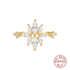 925 sterling silver gold ring with marquise cut stones in floral geometric pattern