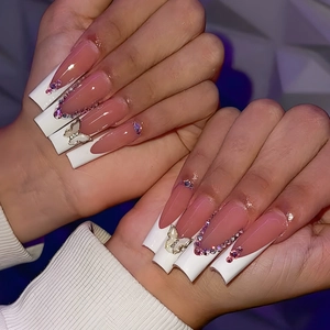 Long Coffin Press On Nails White French Tip 3D Butterfly Rhinestone Decoration Pink Nude Full Cover Fake Nails For Women