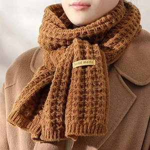 Thick knitted caramel brown scarf for women with handmade leather tag for winter warmth