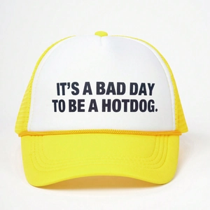 Y2K Trucker Hat in yellow and white featuring IT'S A BAD DAY TO BE A HOTDOG print