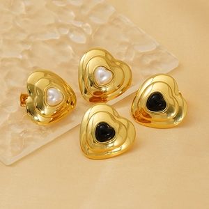 18K gold plated heart earrings with 3D layered design and pearl black inlay charms
