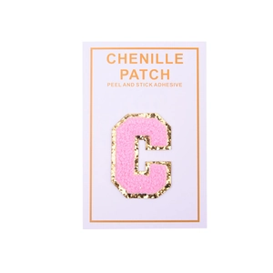 Pink chenille letter C patch with gold glitter edge and peel-and-stick adhesive back