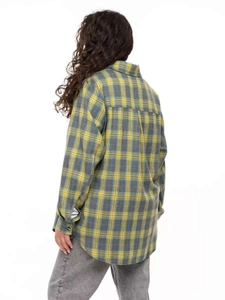 Rear view of long sleeve flannel shirt showing yellow and grey plaid pattern alignment