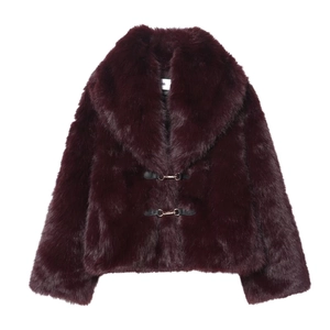 Cappotto In Pelliccia Sintetica Da Donna Giacca Corta Bordeaux Ampio Revers Fibbie In Metallo Caldo Autunno Inverno