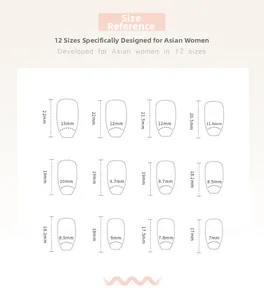 Size chart showing 12 sizes of ballerina press-on nails with measurements in millimeters