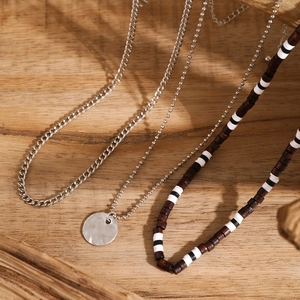 Men's necklace set with silver Cuban chain, bead chain and brown wood beaded necklace