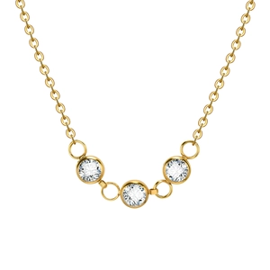 Gold stainless steel necklace featuring three round white zircon stones on a white background