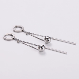 Elegant silver long tassel earrings with polished round beads and geometric bar pendants