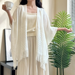 Women Minimalist Knitted Hollow Out Shawl With Tassel Lightweight Solid Color Cape Scarf For Cheongsam Cardigan Daily Accessory
