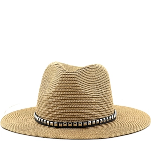 Fedora Straw Sun Hat Woven Wide Brim With Rivet Band Breathable Summer Beach Western Cowboy Style For Men Women Kids