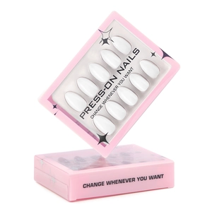Short almond press-on nails in solid white with minimalist pink star packaging