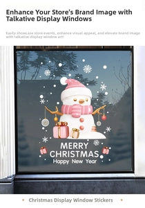 Detail of Christmas snowman window sticker with pink scarf and Merry Christmas greeting