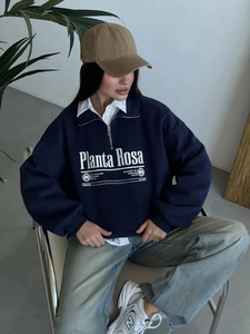 Oversized navy half-zip sweatshirt with letter print and relaxed fit for autumn