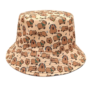 Unisex beige bucket hat with all-over cartoon capybara prints for outdoor sun protection