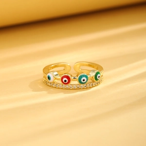 Double layered gold evil eye ring with colorful enamel and sparkling white zircons