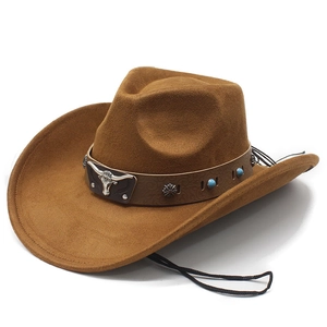 Brown western cowboy felt hat with bull head metal decor and chin strap on white background