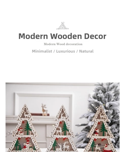 Detailed laser-cut wooden Christmas trees with reindeer and Santa motifs for tabletop decor