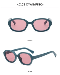 Detail view of oval teal frames with pink lenses at multiple angles for fashion style