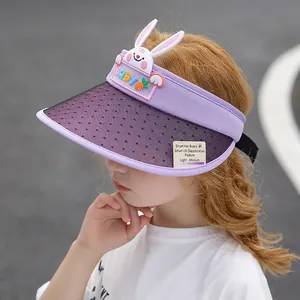 Purple UV-sensitive color changing sun hat for kids with cute cartoon rabbit decoration